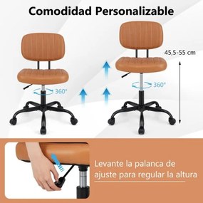 Cadeira de escritório pequena com rodas e apoio lombar, altura ajustável, rotação de 360°, cadeira de computador em couro sintético Castanha