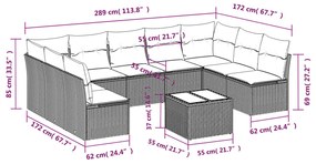 10 pcs conjunto de sofás p/ jardim com almofadões vime PE bege