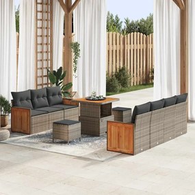 Conjunto de Sofás de Jardim de 10 Peças com Almofadas Cinza em Rattan Poliéster e Acácia