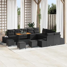 Conjunto de Sofá de Jardim vidaXL com Almofadas Preto Rattan Sintético Acácia 14 Peças