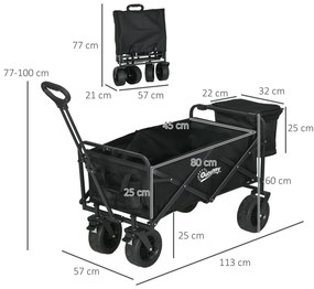 Carrinho de Transporte Dobrável com Bolsa Térmica Removível Capacidade 100 kg para Campismo Praia 113x57x77-100 cm Preto