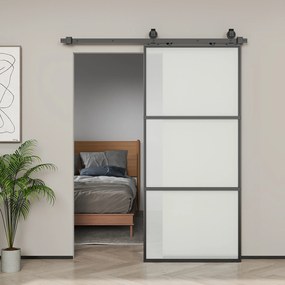 Porta de Correr de Vidro com Mecanismo de Fecho Suave para Casa de Banho Sala de Estar Cozinha 91,4x203,2 cm Preto
