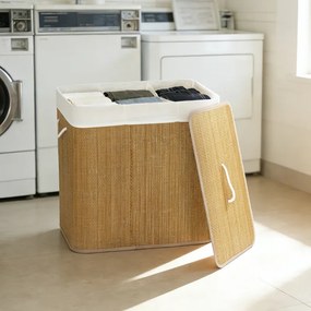 Cesto de Roupa Suja com Tampa 144L de Bambu com 3 Compartimentos 60x40x60 cm Castanho