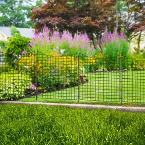 Cerca decorativa jardim com 5 painéis e 6 estacas Barreira exterior com revestimento em pó 87 X 98 cm Preto