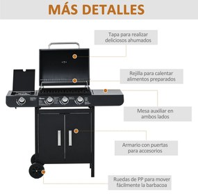 Churrasqueira à Gás com 3+1 Queimadores 11,6KW 2 Mesas Laterais Armário de 2 Portas Termômetro e 2 Rodas Aço Inoxidável 110x50x100cm Preto