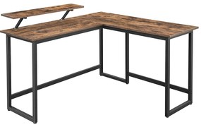 Mesa em L VASAGLE com suporte para tela para estudo, jogos, trabalho, economia de espaço, pernas ajustáveis, estrutura de metal, fácil montagem, marrom rústico LWD56X 140 x 130 x 76/91,5 cm