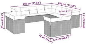 13 pcs conj. sofás jardim c/ almofadões vime PE cinzento-claro