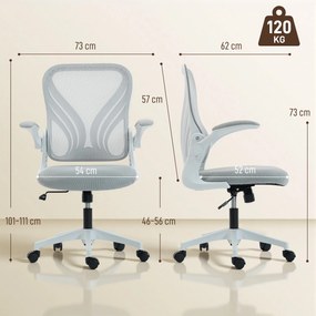 Cadeira de escritório ergonómica, cadeira de escritório em malha, encosto rebatível, braços retráteis, 73 x 62 x 101-111 cm, cinzenta