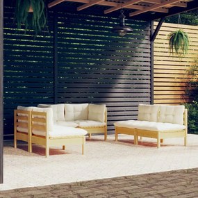 vidaXL 6 pcs conjunto lounge jardim c/ almofadões creme pinho maciço
