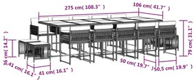 15 pcs conjunto de jantar p/ jardim com almofadões vime PE bege