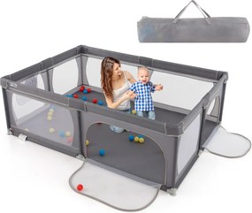 Parque para bebés 206 x 147 x 68,5 cm com rede respirável, bolsa de transporte, 50 bolas oceânicas e porta com fecho de correr – Cinzento