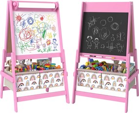 AIYAPLAY Cavalete Infantil 3 em 1 Dupla Face, Quadro Negro e Quadro Branco, Rolo de Papel, Cestos, Prateleira, 3-8 Anos, Rosa | Aosom Portugal