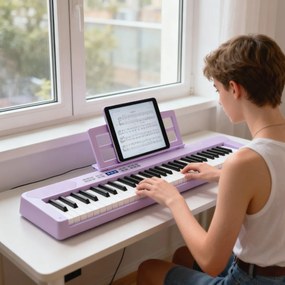 Teclado musical dobrável de 61 teclas, piano eletrónico com fones de ouvido e pedal portátil com bolsa para iniciantes Púrpura