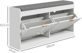 Banco para sapatos, banco com arrumação 106 x 24 x 52,5 cm, assento almofadado, gaveta rebatível, porta com padrão , branco