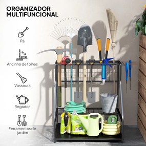 Organizador de Ferramentas de Jardim de 3 Níveis para Garagem com Ganchos para Pás Ancinhos Vassouras 84x53x73 cm Preto