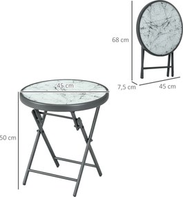 Mesa de jardim dobrável Ø45 x 50 cm, mesa auxiliar dobrável, tampo em vidro temperado com efeito mármore, estrutura redonda em metal, , cinzento escur