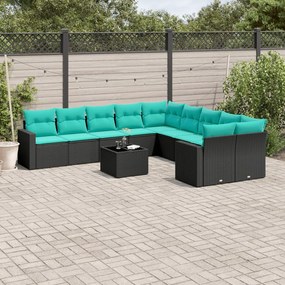 11 pcs conjunto sofás de jardim c/ almofadões vime PE preto