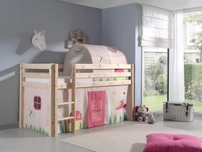 Conjunto Cama alta de Criança PINO 90 x 200 cm + estrado + escada + cortina + túnel Princesa Natural