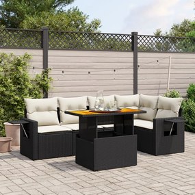 6 pcs conjunto sofás de jardim c/ almofadões vime PE preto