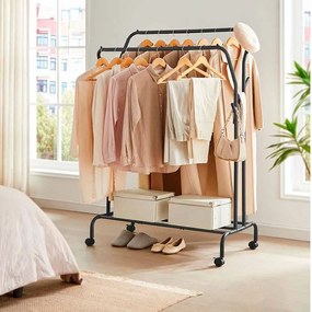 Cabide Guarda roupa com Rodas e 2 varões para roupa Preto