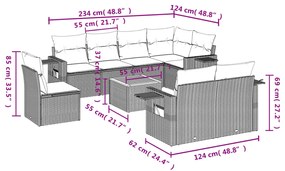 9 pcs conjunto de sofás p/ jardim c/ almofadões vime PE preto