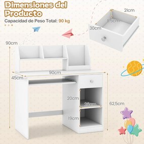 Secretária  para crianças com bandeja para teclado, gaveta e estante multifuncional (CADEIRA NÃO INCLUIDA)  Branco