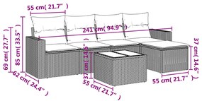 6 pcs conjunto sofás de jardim com almofadões vime cinzento