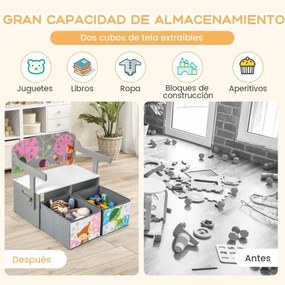 Conjunto de mesa e cadeira para crianças com 2 recipientes de pano amovíveis Mesa para crianças 3 em 1 com banco de actividades convertível Cinzento