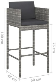 5 pcs conjunto de bar p/ jardim c/ almofadões vime PE cinzento