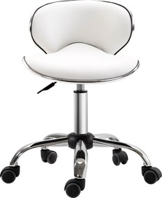 Banco com rodas, banco de trabalho com altura ajustável de 44 a 56 cm e encosto, giratório a 360°, branco