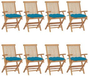 Cadeiras de jardim c/ almofadões azuis-claros 8 pcs teca maciça