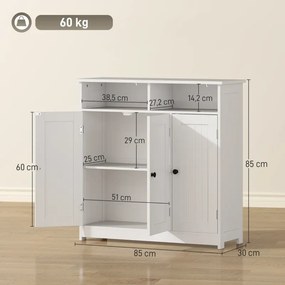 Armário de Casa de Banho Estreito com 3 Portas 2 Compartimentos Abertos Prateleira Ajustável 85x30x85 cm Branco