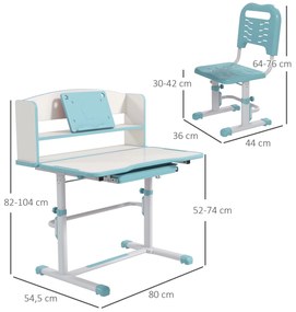 Conjunto de Secretária e Cadeira para Crianças com Altura Ajustável e Ângulo da Mesa Ajustável 80x54,5x82-104 cm Azul