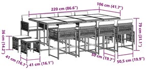 13 pcs conjunto de jantar p/jardim com almofadões vime PE preto