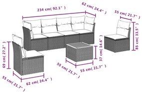 7 pcs conjunto de sofás p/ jardim com almofadões vime PE bege
