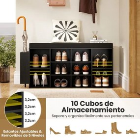 Banco sapateira 30 x 110 x 52,5 cm com suporte para guarda-chuvas, 10 compartimentos, assento acolchoado e prateleiras ajustáveis, preto
