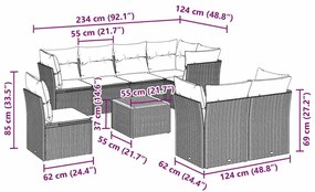 9 pcs conjunto de sofás p/ jardim c/ almofadões vime PE preto