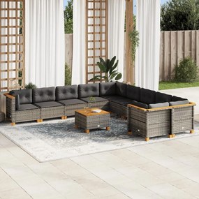 11 pcs conjunto sofás de jardim c/ almofadões vime PE cinzento