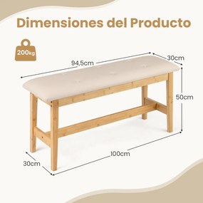 Banco estofado de 100 cm com botões, assento almofadado em couro sintético e estrutura em bambu Bege