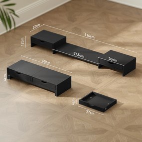 Suporte elevador para ecrã de computador de secretária, suporte para ecrã de computador de 60 a 116 cm com 2 gavetas, comprimento e ângulo ajustáveis,
