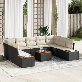 Conjunto de Sofá de Jardim 6 Peças com Almofadas Preto Rattan de Polietileno Acácia