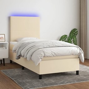 Cama box spring c/ colchão e LED 90x190 cm tecido cor creme