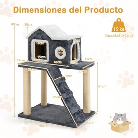 Arranhador para gatos moderna de 90 cm Árvore para gatos de 3 níveis com telhado que pode ser aberto Postes de arranhar em sisal Escada para gatos Tor