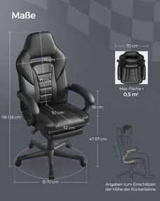 Cadeira Gaming com encosto reclinável e almofada para o apoio de cabeça Preta