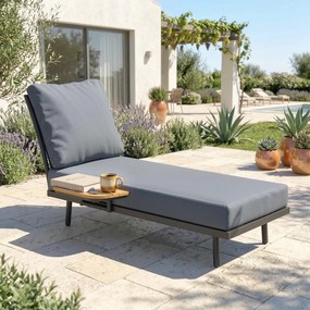 Espreguiçadeira de jardim com almofadas laváveis em olefina e prateleira lateral, estrutura em metal, 58 x 137 x 75 cm, cinzento