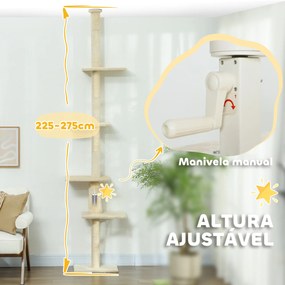 Arranhador para Gatos do Chão ao Teto 225-275 cm Torre para Gatos com Múltiplas Plataformas Sistema Anti-Tombo Creme