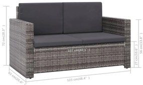 2 pcs conjunto lounge de jardim c/ almofadões vime PE cinzento