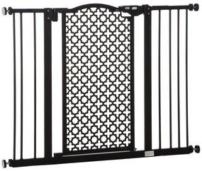 PawHut Barreira de Segurança para Cães Animais de Estimação para Portas Escadas Corredores 74-105cm com 2 Extensões de 10/15cm com Porta e Fechadura Automática Aço Preto