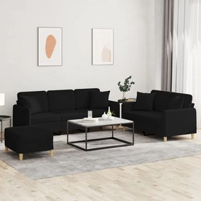 3 pcs conjunto de sofás com almofadas tecido preto