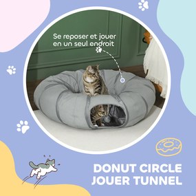 Túnel redondo para gatos de interior com cama e almofada, dobrável, com orifícios para bolas e mirilhão, Ø 90 x 27 cm, cinzento